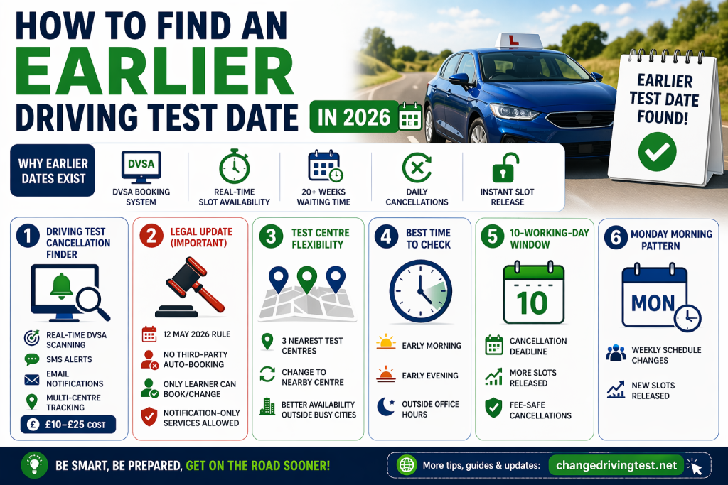 Infographic on finding an earlier driving test date in 2026, covering cancellation alerts, centre flexibility and the best times to check.