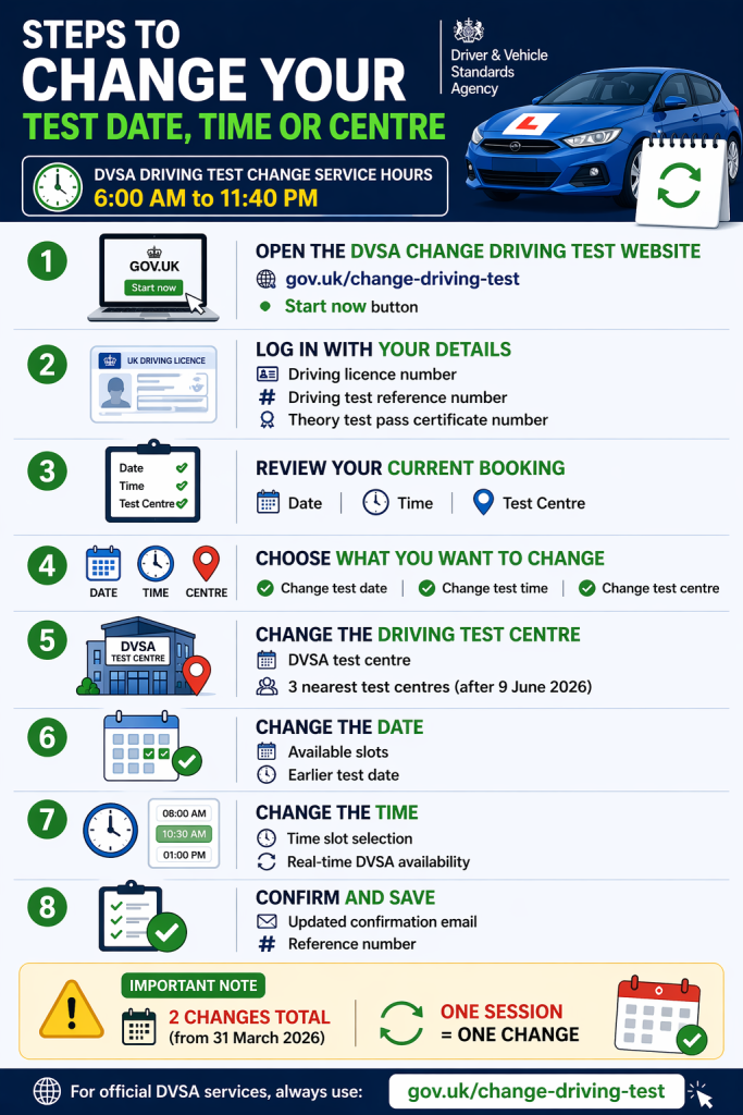 Step by step infographic for changing a DVSA driving test date, time or centre online.