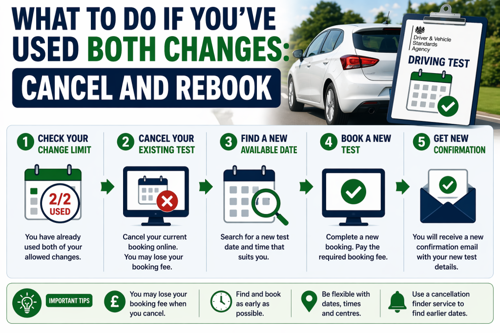 Five step infographic showing what to do after using both driving test changes: check your limit, cancel, find a new date, rebook and get confirmation.