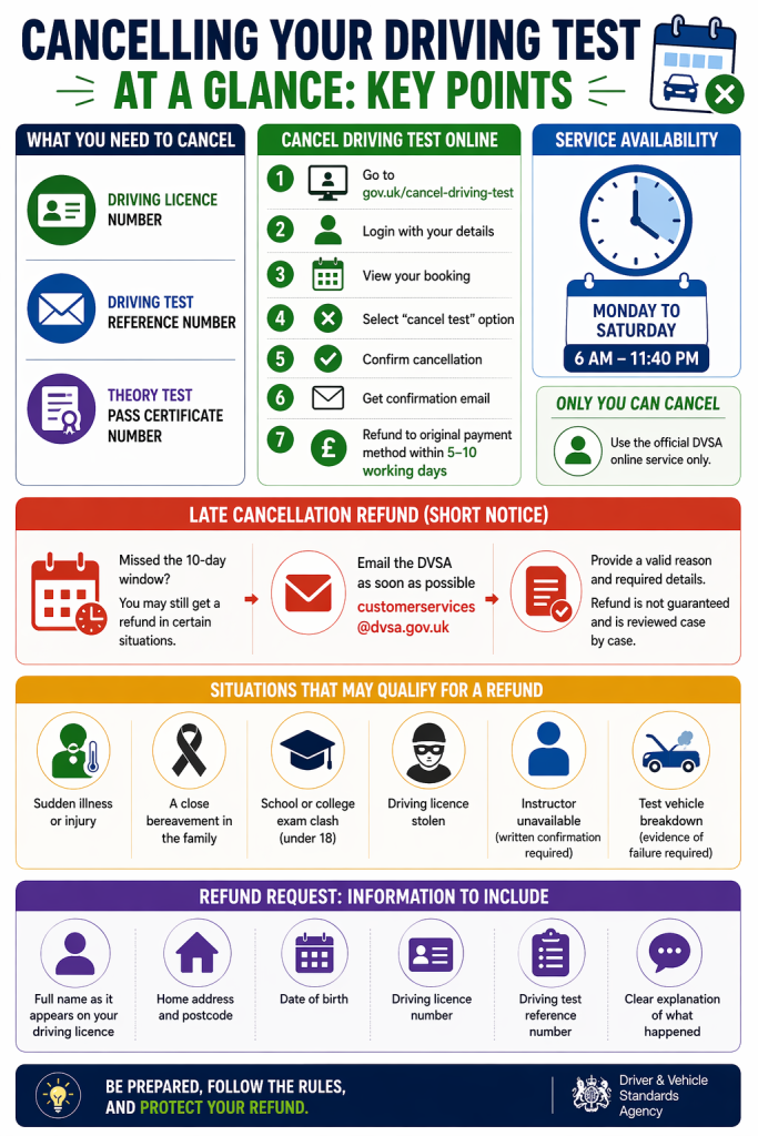 Infographic listing what you need to cancel a driving test and the situations that may qualify for a short notice refund.